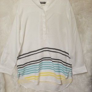Lauren Ralph Lauren Henley Shirt Women XL Linen White With Stripe Roll Tab...